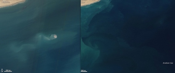 Foto de satélite que mostra a região onde surgiu a ilha antes, e depois do terremoto