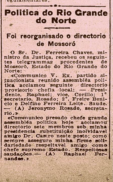 Nota do jornal carioca Gazeta de Notícias, 1 de julho de 1922, mostrando a atuação política de Jerônimo Rosado