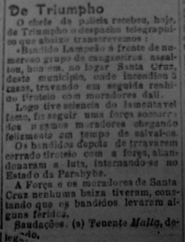 Edição do jornal recifense “A Notícia”, de 14 de janeiro de 1924, existente na hemeroteca do Arquivo Público do Estado de Pernambuco, informando erroneamente sobre a ação da polícia, durante o segundo ataque de Lampião contra Quelé.