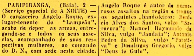 Notícia do jornal carioca "A Noite", reproduzida na imprensa potiguar, apontando a detenção de Ângelo Roque e seus bando, em abril de 1940