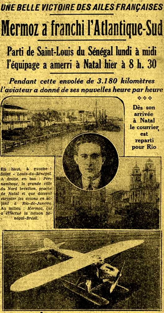 Jornal francês noticiando a chegada do aviador Mermoz ao Rio Grande do Norte