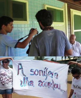 Mobilização em dois tempos: jovens entrevistam ex-administrador da ilha e passeata por direitos dos moradores em 2013. (Imagens: Reprodução)